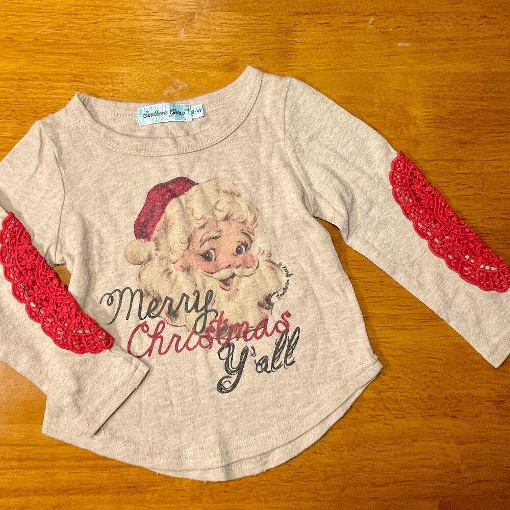 Southern Grace Retro Santa Lace Long Sleeve Shirt Girls Size 2T, 2-4T, 2-4Y